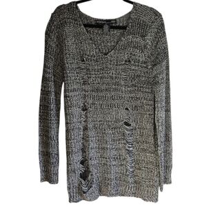 Ashley By 26 International Distressed Black and Gray V-Neck Sweater